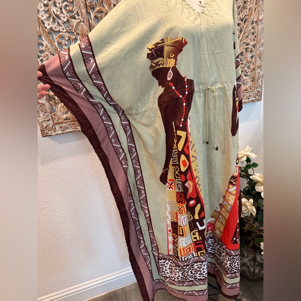 Shore Drive Free Size Kaftan Maxi Dress, Adjustable Pull Tie Waist - Picture 10 of 16